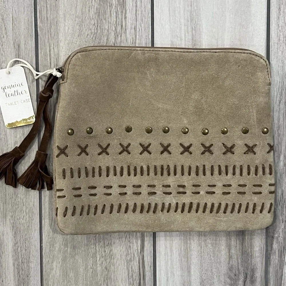 Genuine Leather Tablet Case Women OS Tan NWT Boho Suede Studded Tassel Clutch